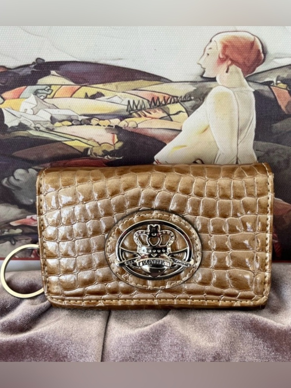 Kathy Van Zeeland Croc-Embossed Key Wallet in Brown with Silver Logo Brand New